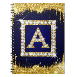 Carnet Monogramme doré initial A avec paillettes bleues