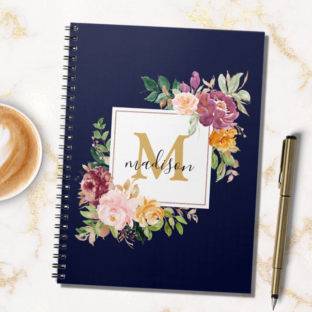 Carnet Monogramme Elegant Aquarelle Rose Floral Botanique (In situ)