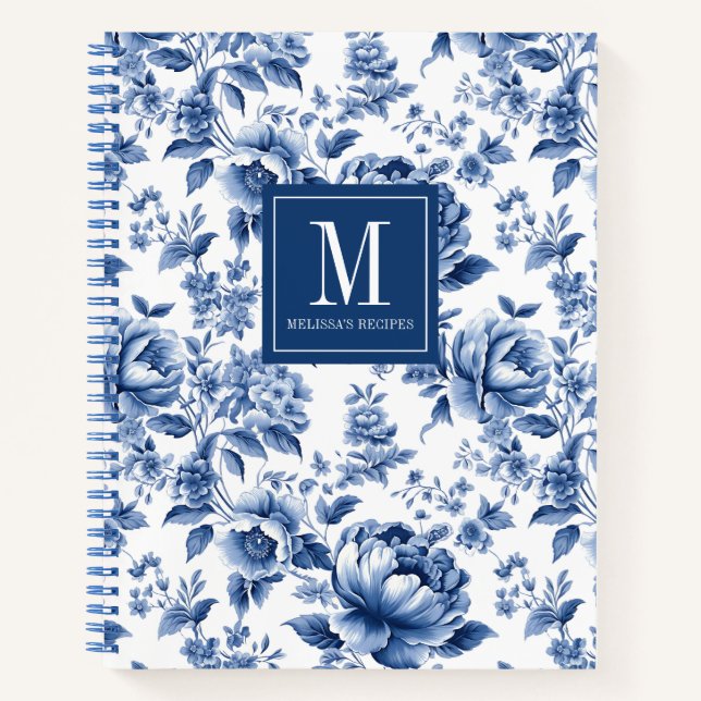 Carnet Monogramme Elégant bleu Floral Recette (Devant)