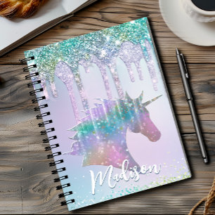 Carnet Monogramme élégant licorne aqua pailleté avec gout