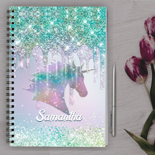 Carnet Monogramme élégant licorne aqua pailleté avec gout