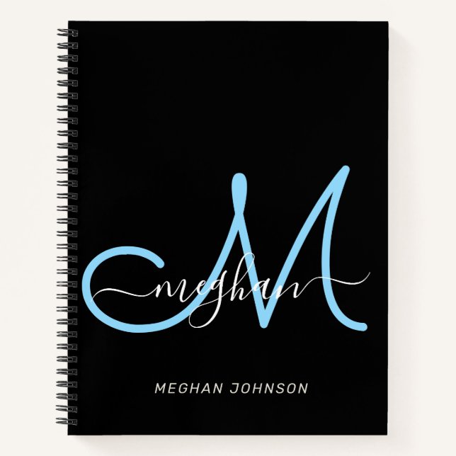 Carnet Monogramme élégant moderne bleu noir script (Devant)