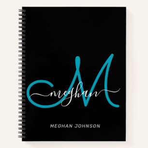 Carnet Monogramme élégant moderne noir sarcelle script