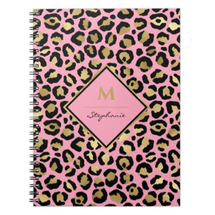 Carnet Monogramme Empreinte de léopard noir et or rose ch