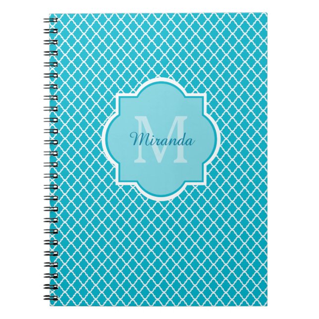 Carnet Monogramme et nom de Quatrefoil bleu turquoise cla (Devant)