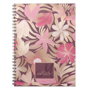 Carnet Monogramme Feuille rose or bordeaux