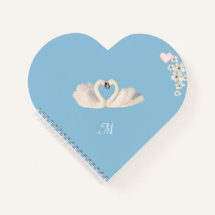 Carnet Monogramme Fleurs Blanches et Cygnes sur Fond Bleu