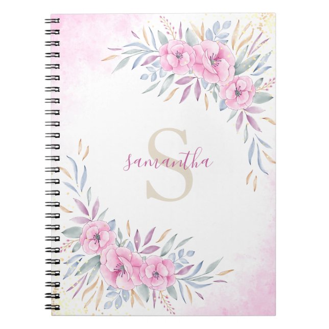 Carnet Monogramme Fleurs rose pâle Aquarelle Élégante (Devant)
