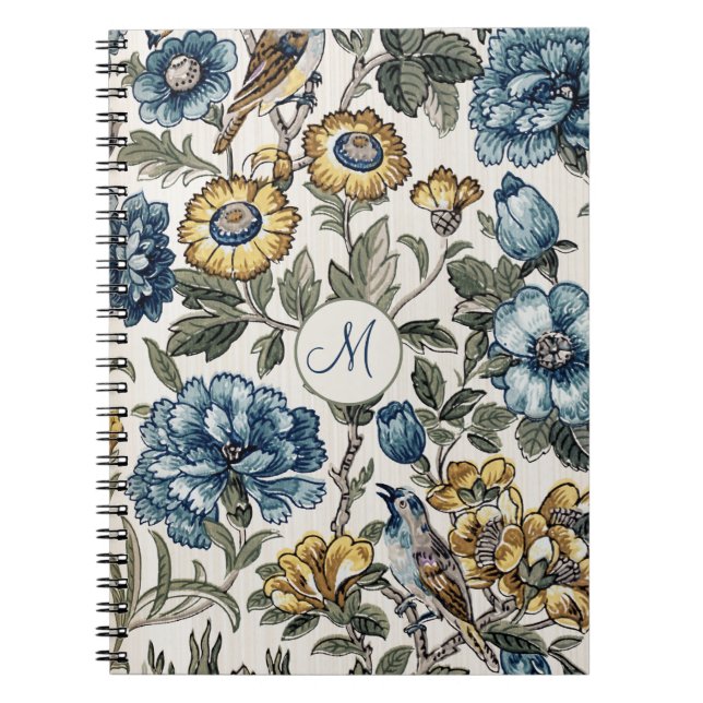 Carnet Monogramme Floral Boho Exotique Bleu & Or (Devant)