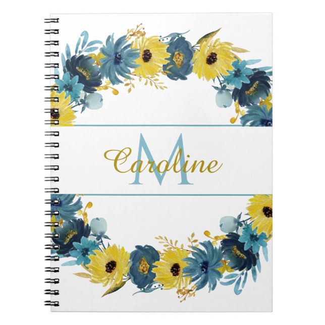 Carnet Monogramme Floral d'automne d'or bleu (Devant)