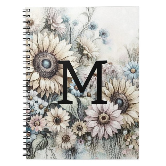 Carnet Monogramme floral dessin tournesol rose jaune (Devant)
