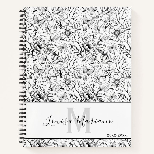 Carnet Monogramme floral noir et blanc (Devant)