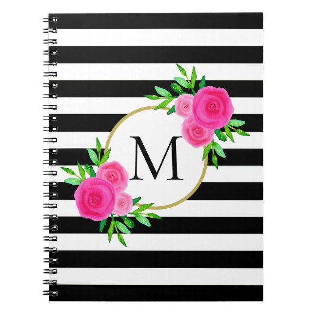 Carnet Monogramme floral rose Aquarelle Bande blanche noi (Devant)