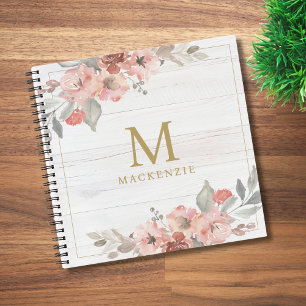 Carnet Monogramme Floral Rose Aquarelle Bois Rustique
