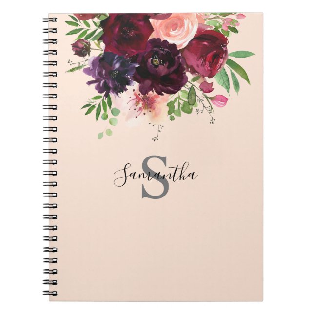 Carnet Monogramme floral rose de Bourgogne et bleu (Devant)