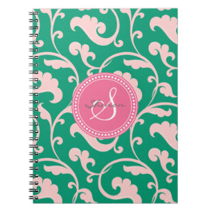 Carnet Monogramme floral rose vert girly élégant de motif