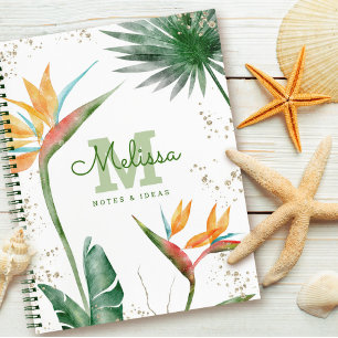 Carnet Monogramme Floral Tropical en écriture dorée et bl
