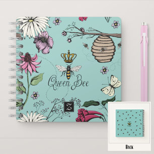 Carnet Monogramme floral Turquoise de l'abeille reine et