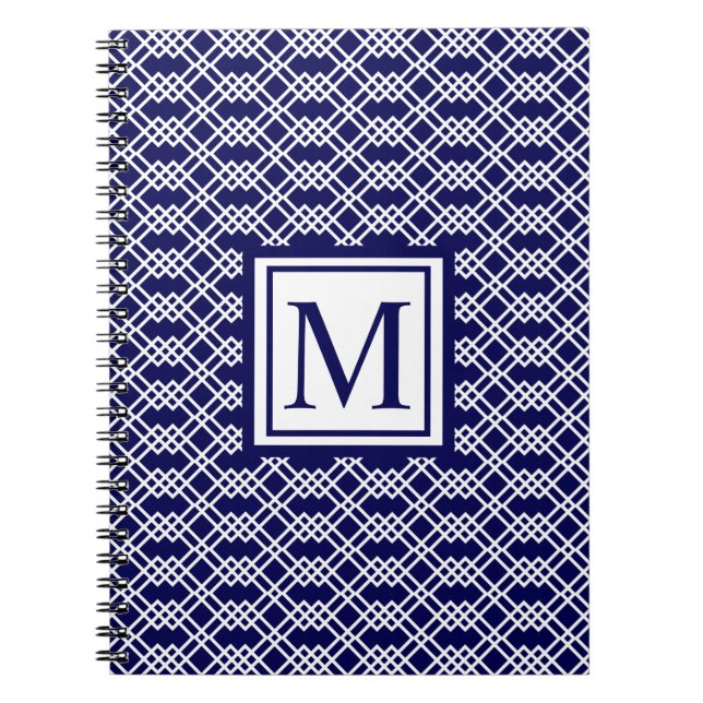 Carnet Monogramme géométrique en treillis moderne Marine  (Devant)