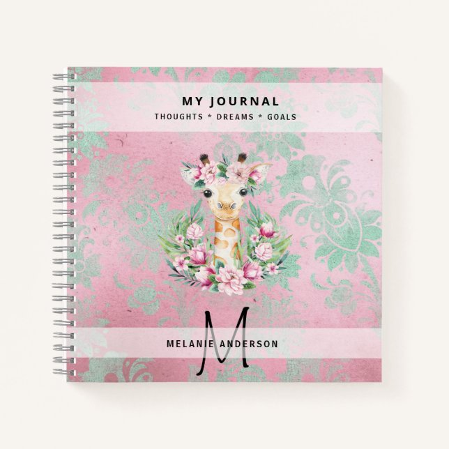 Carnet Monogramme GIRAFFE Boho Fleurs Jolie fille moderne (Devant)