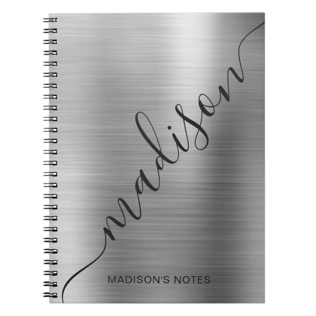 Carnet Monogramme gris argent moderne Nom du script Carne (Devant)