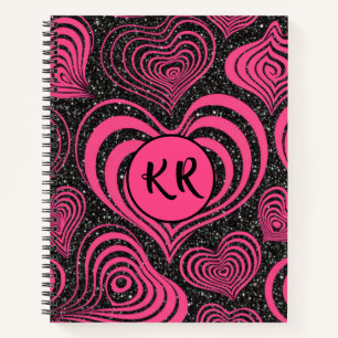 Carnet Monogramme initial cœur abstrait glamour rose noir