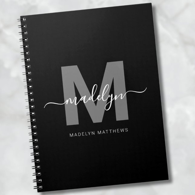 Carnet Monogramme Initial Noir Blanc Professionnel (Professional Black White Monogram Initial notebook)