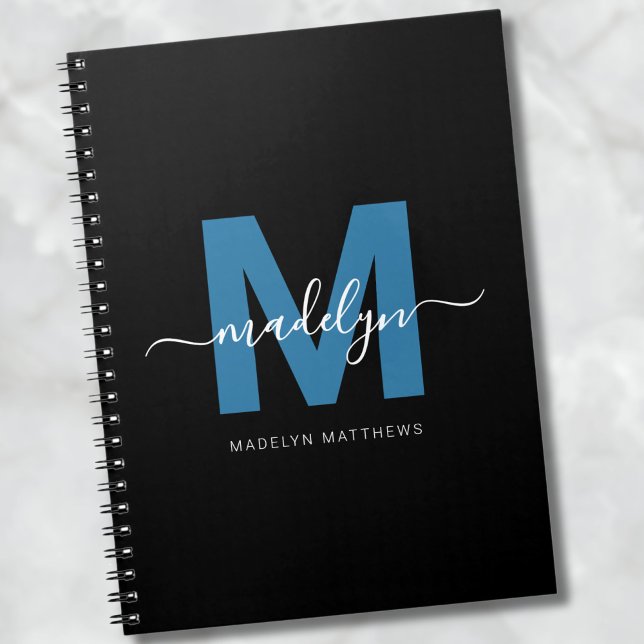 Carnet Monogramme Initial Nom de Script Bleu Personnalisé (Personalized Blue Script Name Initial Monogram notebook)