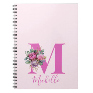 Carnet Monogramme Initial Nom Fleurs Aquarelle Rose