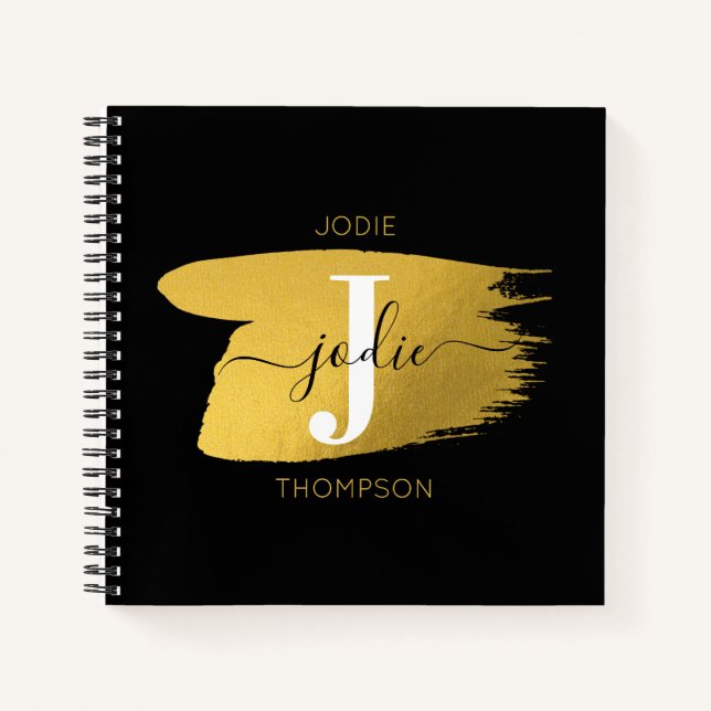 Carnet Monogramme Initial Script Noir & Or Moderne (Devant)