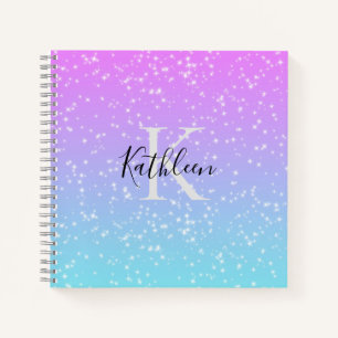 Carnet Monogramme Initiale Nom Rose Bleu Pailleté Féminin