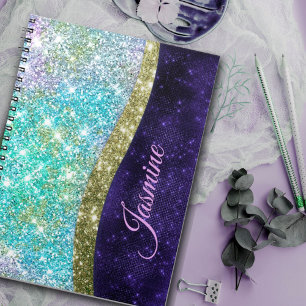 Carnet Monogramme iridescent chic bleu violet faux paille