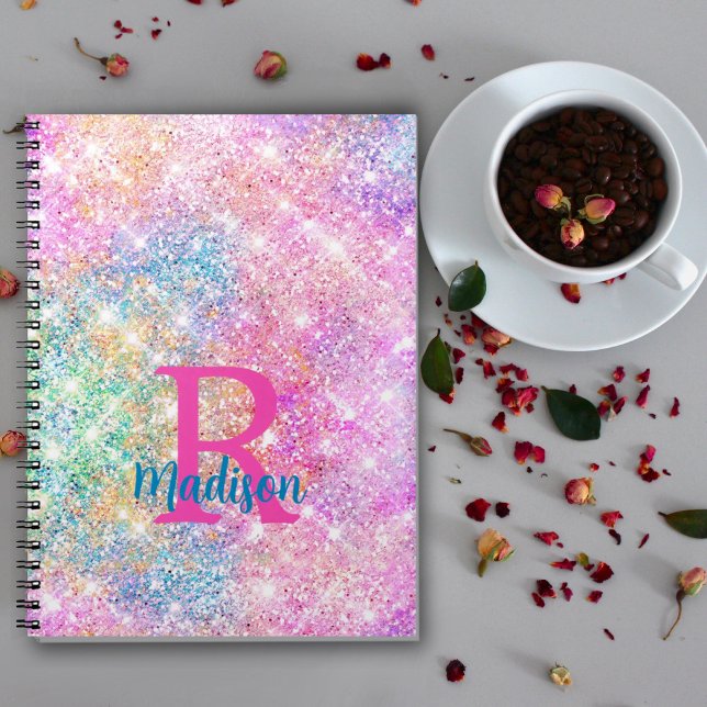Carnet Monogramme iridescent rose licorne pailleté faux m (Créateur téléchargé)