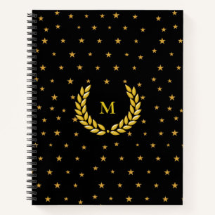Carnet Monogramme, laurier et étoiles dorées sur fond noi