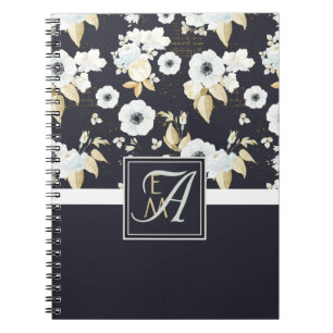 Carnet Monogramme Marine Bleu Blanc Floral Décor Anémone