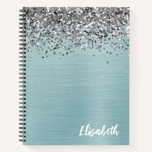 Carnet Monogramme Métal Brossé Aqua Paillettes Argentées (Devant)