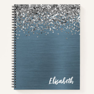 Carnet Monogramme Métal Brossé Bleu Marine Paillettes Arg