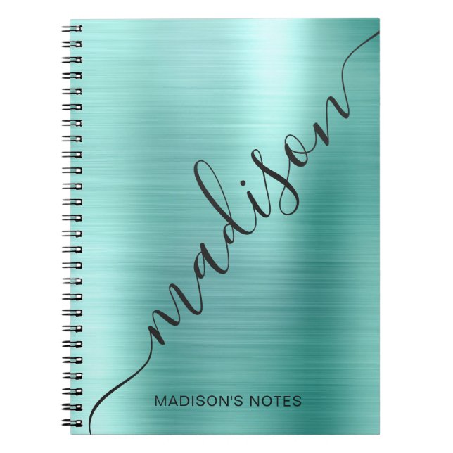 Carnet Monogramme métallique Turquoise moderne Nom du scr (Devant)