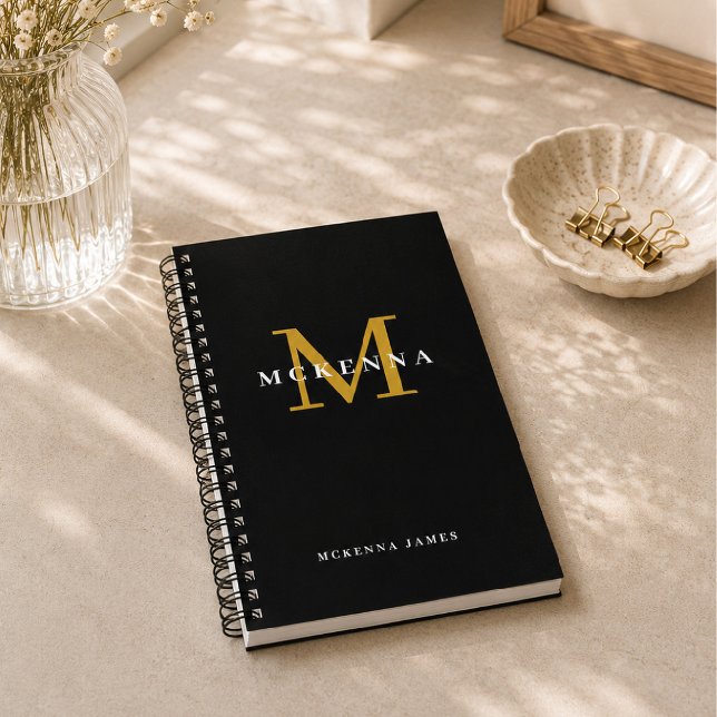 Carnet Monogramme Moderne Élégant Noir Or Nom Initial (Créateur téléchargé)