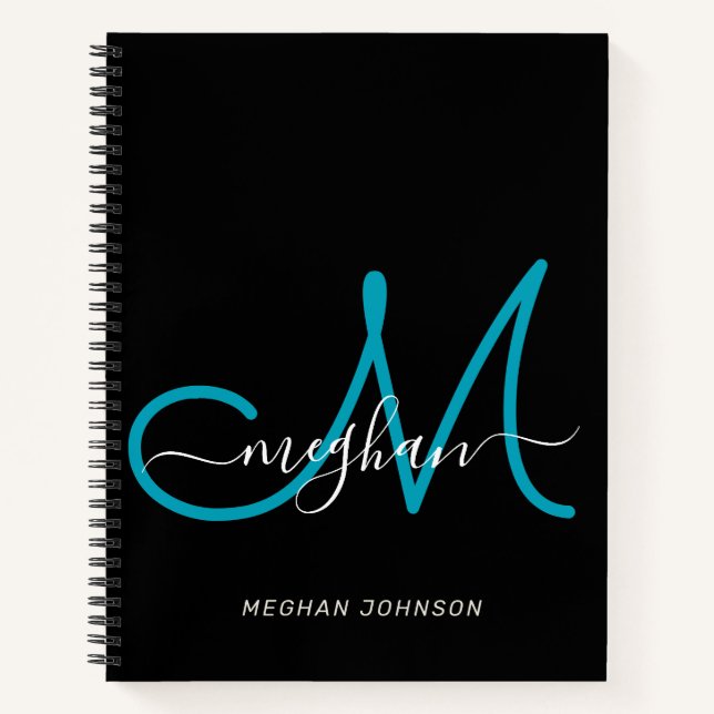 Carnet Monogramme Moderne Élégant Noir Turquoise Script (Devant)