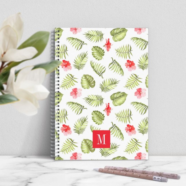 Carnet Monogramme moderne Feuilles de palmier vert (Modern Monogram Green Palm Leaves Notebook)