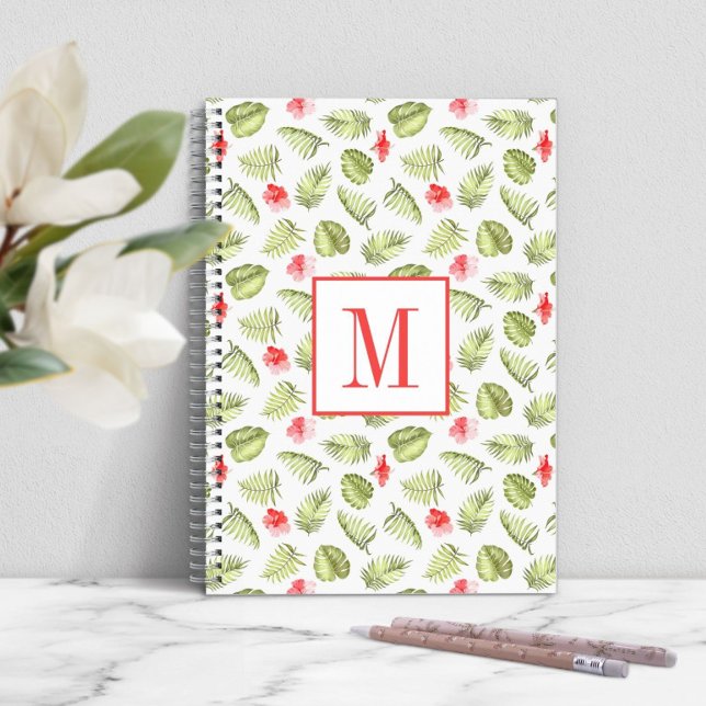 Carnet Monogramme moderne Feuilles de palmier vert (Modern Monogram Green Palm Leaves Notebook)