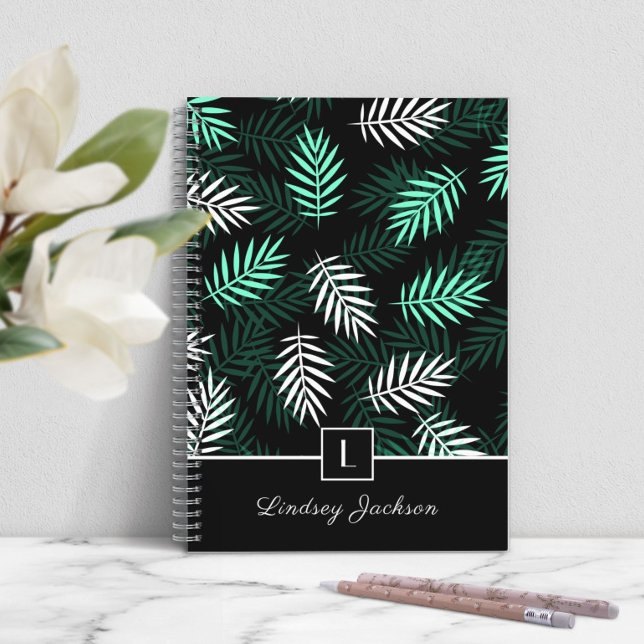 Carnet Monogramme moderne Feuilles verts botaniques i (Modern Monogram Botanical Green Leaves i Notebook)