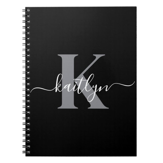Carnet Monogramme moderne gris noir script (Devant)