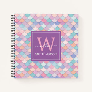 Carnet Monogramme moderne Joli Mermaid Purple Sketbook