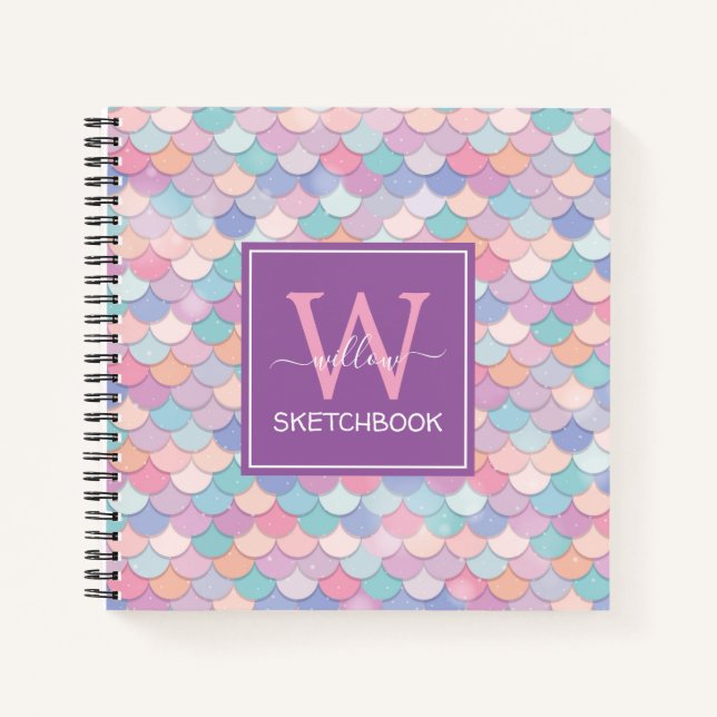 Carnet Monogramme moderne Joli Mermaid Purple Sketbook (Devant)