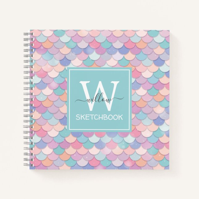 Carnet Monogramme moderne jolie sirène en poudre bleu cro (Devant)