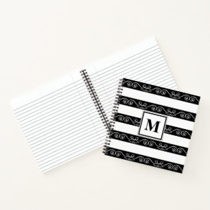 Carnet Monogramme moderne rayé noir blanc