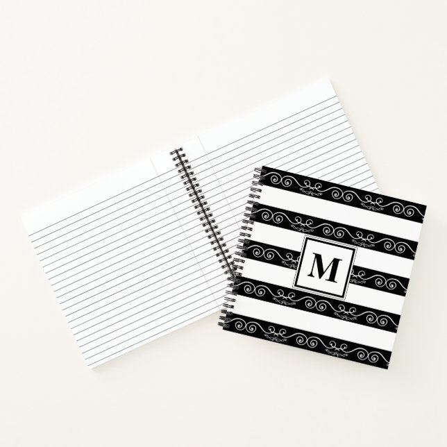 Carnet Monogramme moderne rayé noir blanc (Intérieur)