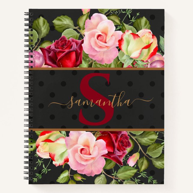 Carnet Monogramme moderne Roses floraux & Pointe noire (Devant)